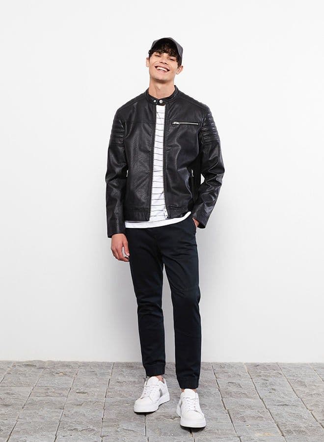 Slim Fit Stand Collar Men's Leather Look Coat thumbnail 1