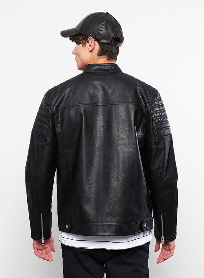 Slim Fit Stand Collar Men's Leather Look Coat thumbnail 2