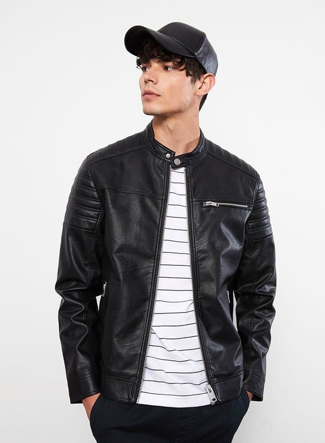 Slim Fit Stand Collar Men's Leather Look Coat thumbnail 3