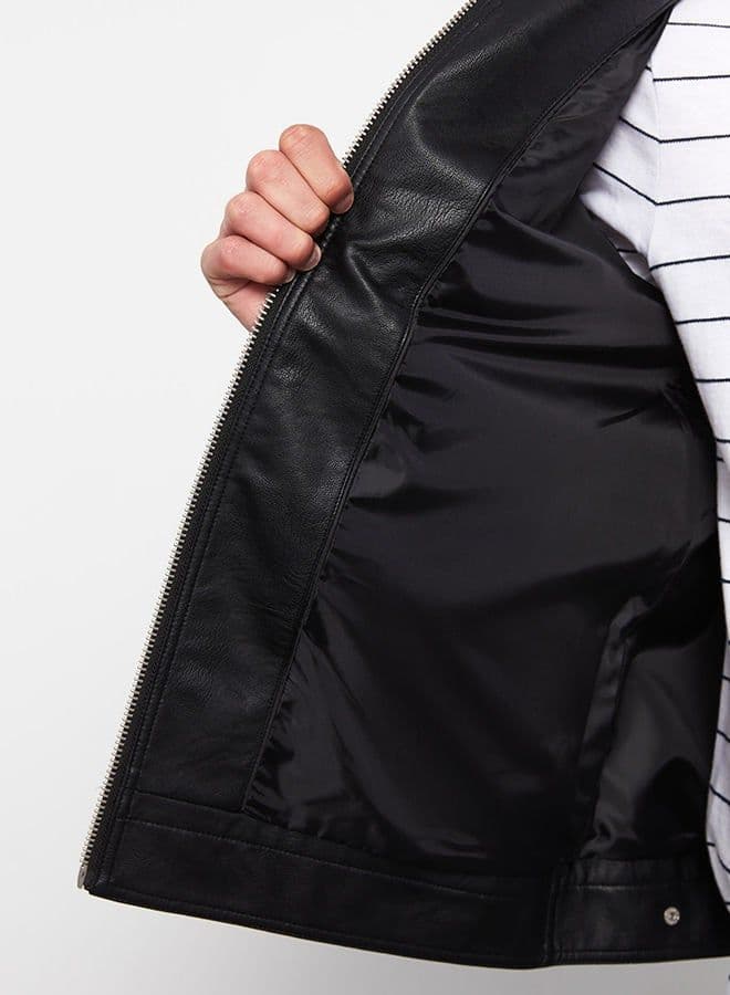 Slim Fit Stand Collar Men's Leather Look Coat thumbnail 4