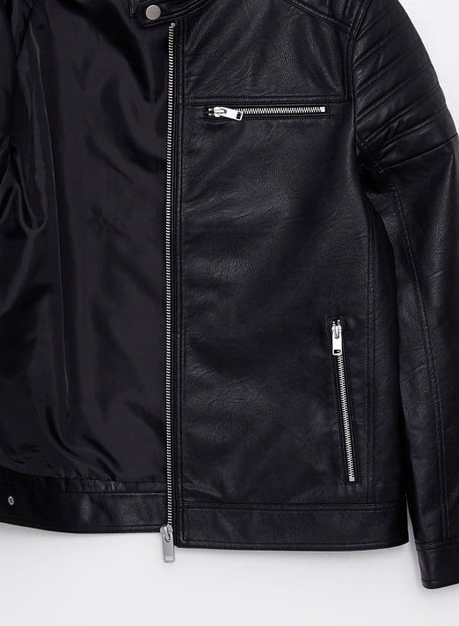 Slim Fit Stand Collar Men's Leather Look Coat thumbnail 5