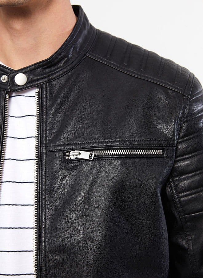 Slim Fit Stand Collar Men's Leather Look Coat thumbnail 6