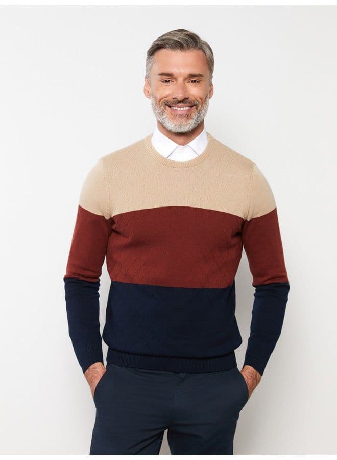 Crew Neck Long Sleeve Men's Tricot Sweater with Color Block thumbnail 1