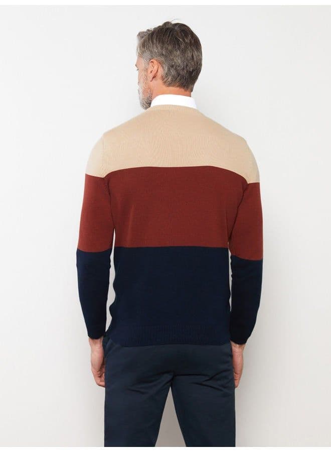Crew Neck Long Sleeve Men's Tricot Sweater with Color Block thumbnail 2