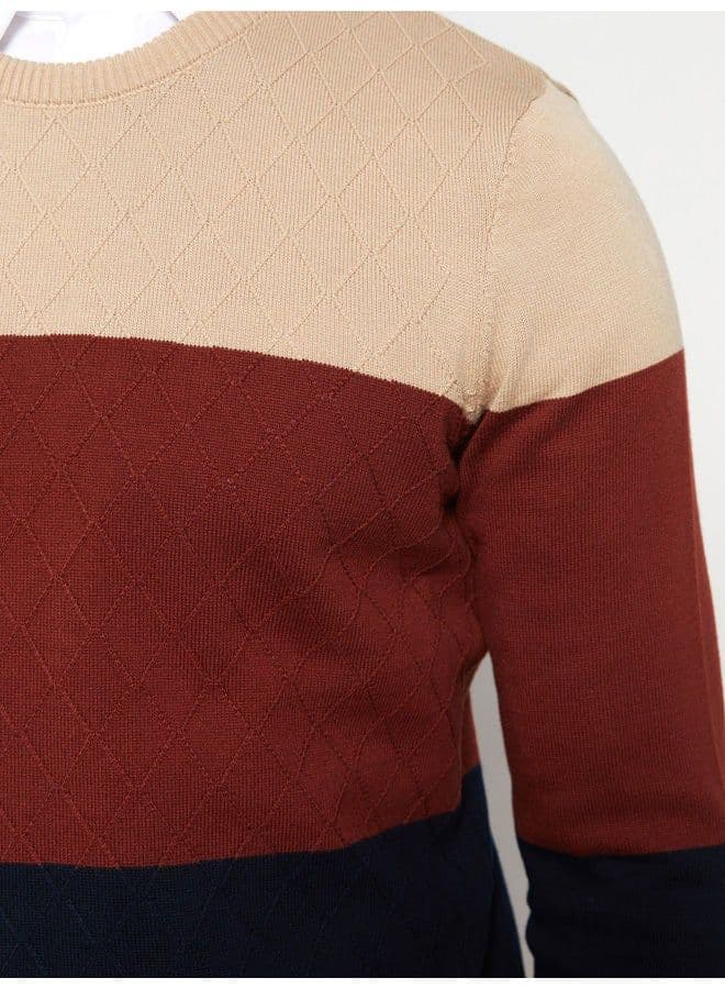 Crew Neck Long Sleeve Men's Tricot Sweater with Color Block thumbnail 6