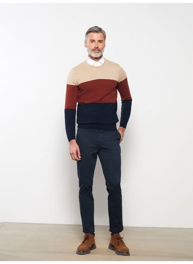 Crew Neck Long Sleeve Men's Tricot Sweater with Color Block thumbnail 5