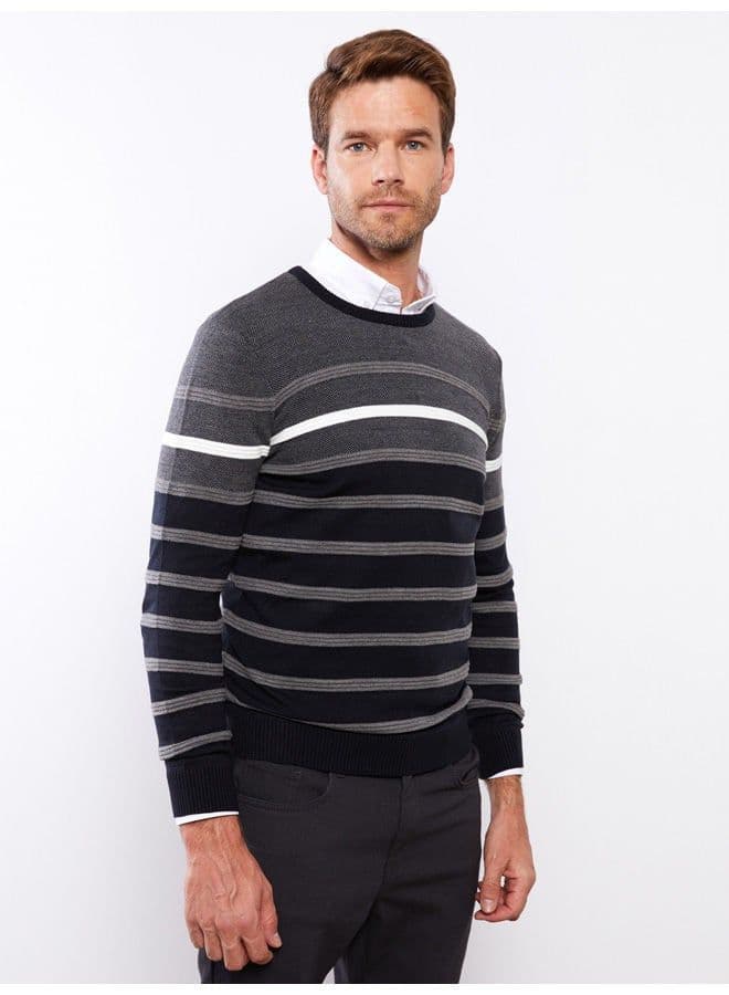 Crew Neck Long Sleeve Striped Men's Tricot Sweater thumbnail 3