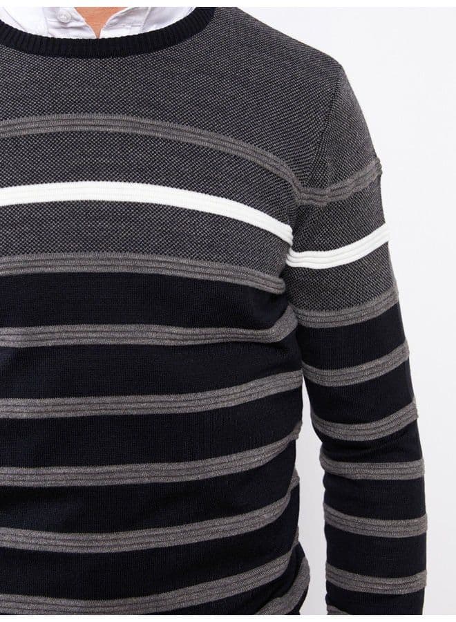 Crew Neck Long Sleeve Striped Men's Tricot Sweater thumbnail 1