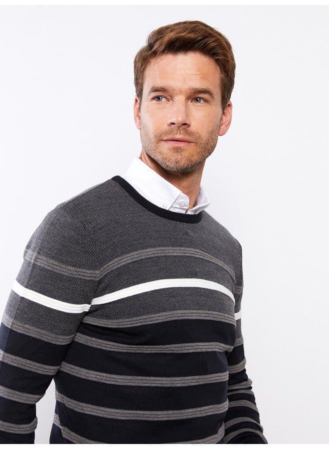 Crew Neck Long Sleeve Striped Men's Tricot Sweater thumbnail 4